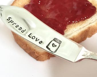 Spread Love vintage butter knife, vintage hand stamped butter knives, engraved butter spreader, PB&J knife, jelly knife