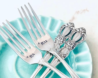Ready to ship wedding forks Mr. & Mrs. wedding cake forks, Vintage hand stamped fork set, Custom Engagement gift, Silverplated dinner forks