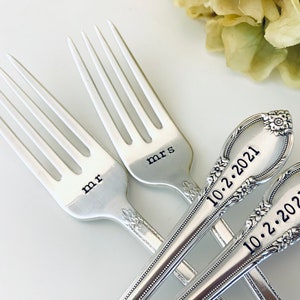 Custom wedding fork set Handstamped wedding date forks Cake cutting ceremony decoration Unique wedding gift ideas engraved forks image 2