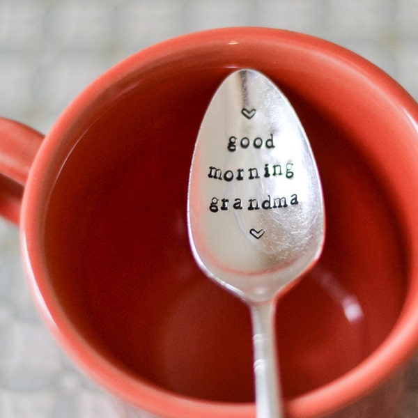 good morning grandma vintage hand stamped spoon - Engraved Coffee Spoon - Custom Silver Plated Spoon - Breakfast Spoon - Sugar Spoon