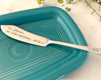 Custom hand stamped butter knife, Fun personalized gift, butter together knife, Vintage Silverplate butter spreaders, Engraved knife