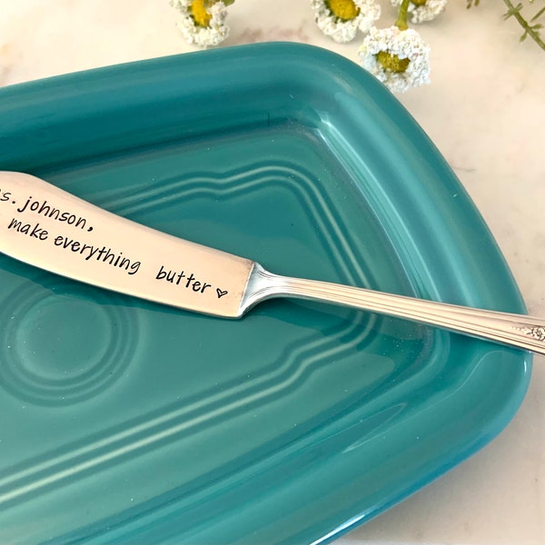 Custom hand stamped butter knife, Fun personalized gift, butter together knife, Vintage Silverplate butter spreaders, Engraved knife