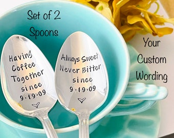 Custom wedding spoons, Vintage hand stamped spoons, Engagement spoons, Anniversary spoons, Personalized spoons, couples coffee spoons