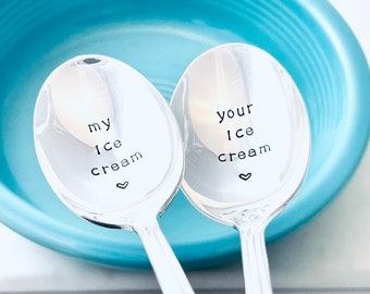 my ice cream your ice cream spoons - Cute couples gift idea - Vintage hand stamped silver plate spoons - engraved spoons