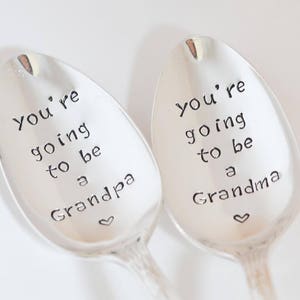 Pregnancy reveal spoon You're going to be a Grandma / Grandpa spoon Vintage hand stamped spoon set Grandparent Reveal image 3