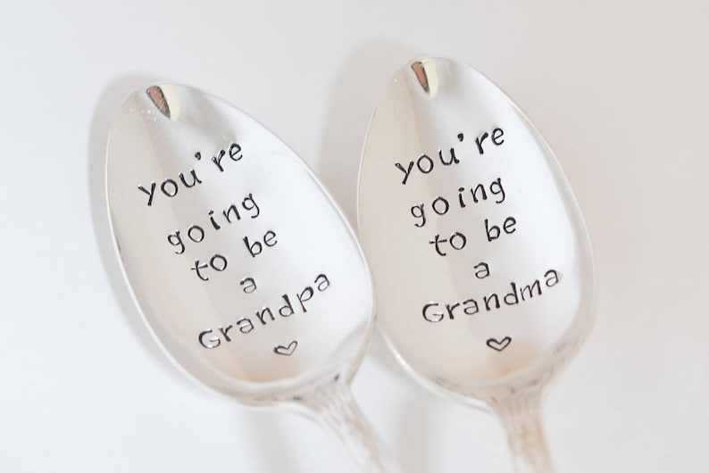 Pregnancy reveal spoon You're going to be a Grandma / Grandpa spoon Vintage hand stamped spoon set Grandparent Reveal image 3