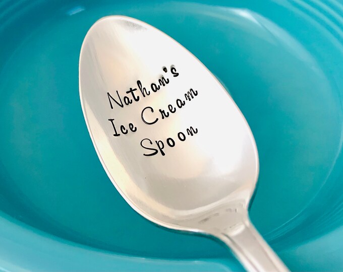 Custom name ice cream spoons, Vintage Silverplate customized spoons, Hand stamped ice cream spoon, Engraved personalized dessert spoons