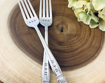 Custom Wedding Forks - Custom Wedding Date Fork Set - Hand Stamped Vintage Forks - Engagement Gift - Engraved Forks - Cake Forks