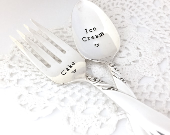 Custom hand stamped fork & spoon set, Engraved dessert spoon, Wedding cake forks, Ice cream cake spoon, His Her ice cream spoons
