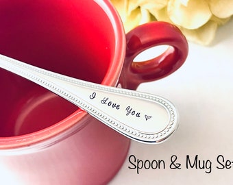 Ready to Ship mug & spoon set - I love you Hand stamped teaspoon, coffee gift set, Fiesta mug