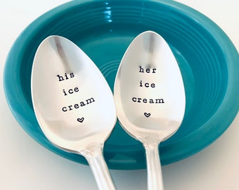 His Ice Cream Her Ice Cream Spoons - Vintage Silver Plate Hand Stamped Spoons - Engraved Wedding Spoons - Dessert Spoon - my yours Mr Mrs