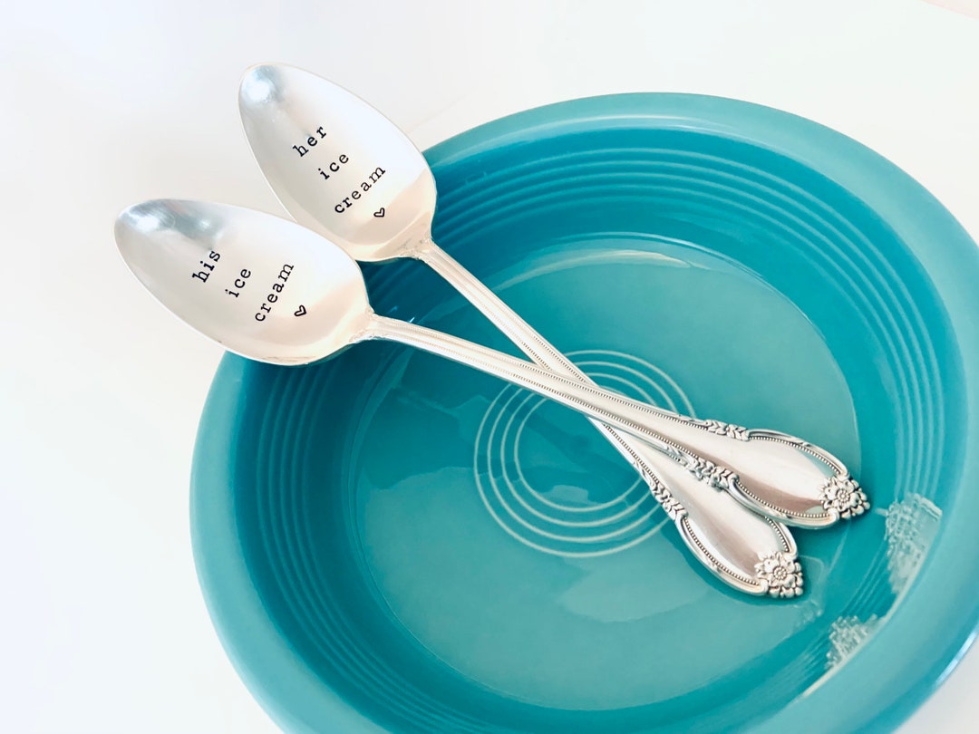 His & Her Ice Cream Spoons, Custom Spoons, Vintage Hand Stamped Dessert Spoons, Wedding Spoons