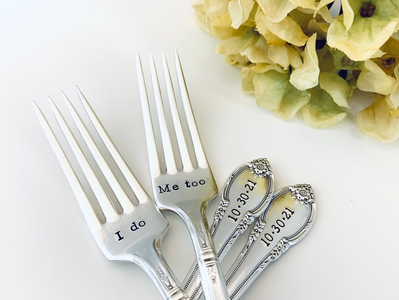 Custom wedding fork set Handstamped wedding date forks Cake cutting ceremony decoration Unique wedding gift ideas engraved forks image 1