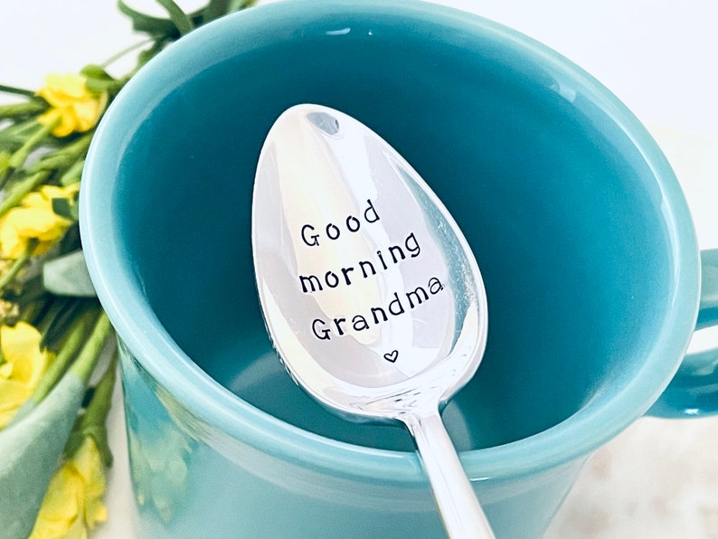 Custom Hand Stamped Spoon Vintage Engraved Spoons Good Morning Grandma Grandpa Grandparents gift idea image 6