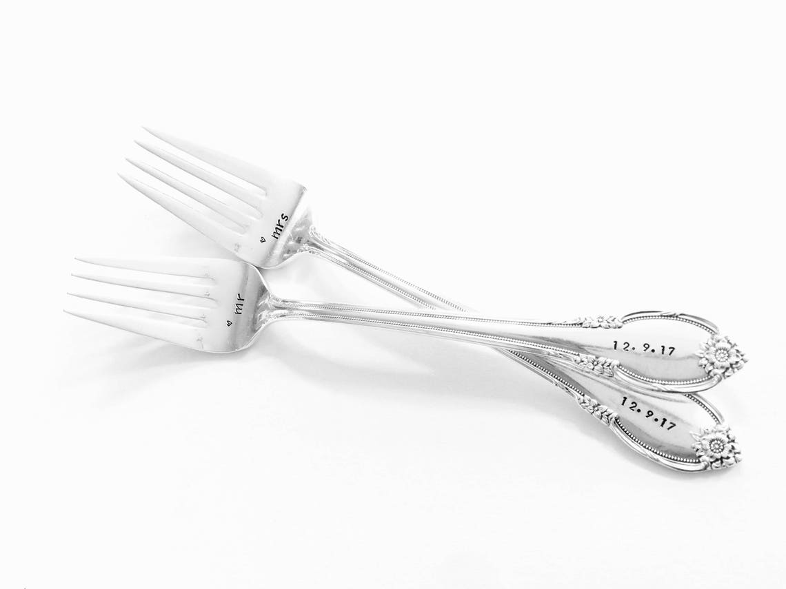 Custom Wedding Forks Vintage Hand Stamped Dessert Fork Set Etsy