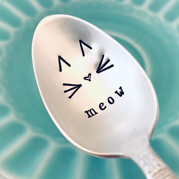 Custom hand stamped spoon, Cat face meow spoon, Vintage Silverplate teaspoons, Crazy cat lady fun gift, Cat mom gift, Coffee spoons
