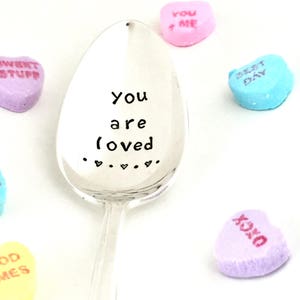 You are Loved Spoon, Vintage hand stamped spoons, Engraved coffee spoon, I love you teaspoon, Vintage silver plate spoons, Handstamped spoon
