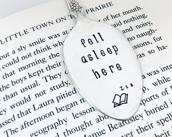 Fell asleep here spoon bookmark, Vintage Silverplate spoon, Flattened spoon bookmark, Custom bookmarks, Book club gift, Fun bookmarks