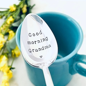 Custom Hand Stamped Spoon Vintage Engraved Spoons Good Morning Grandma Grandpa Grandparents gift idea image 1