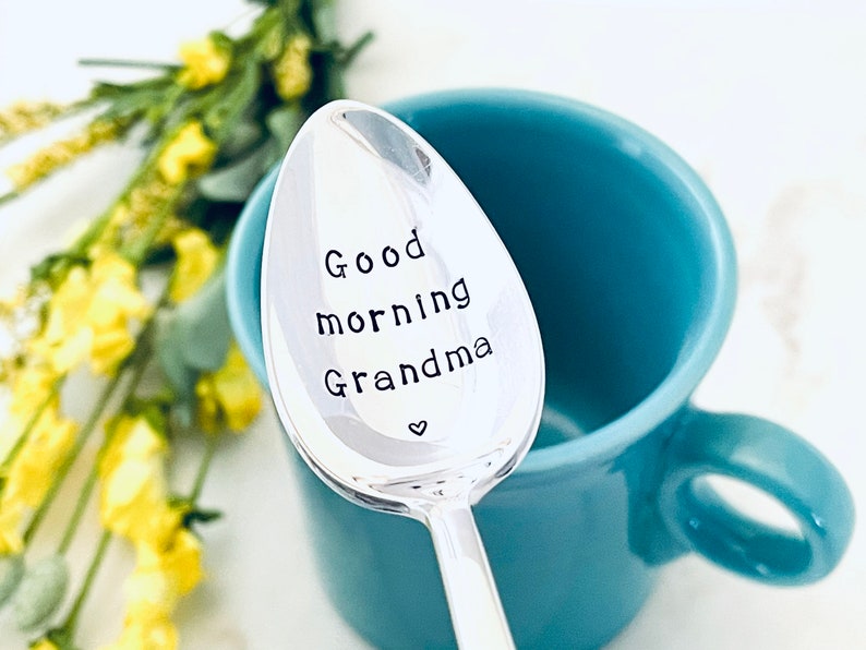 Custom Hand Stamped Spoon Vintage Engraved Spoons Good Morning Grandma Grandpa Grandparents gift idea image 1