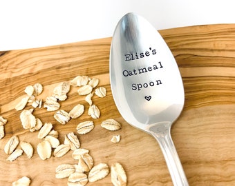 Custom oatmeal spoon gift - vintage hand stamped cereal spoons, Personslized oatmeal Shovel, Engraved cereal spoon, silver plated spoons