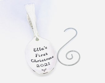 Baby’s first Christmas ornament - Silverplate baby feeding spoon - Hand stamped Christmas tree ornament - Baby’s first spoon ornament