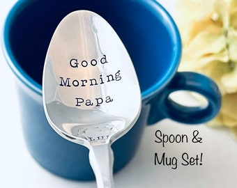 Ready to Ship mug & spoon set - Good Morning Papa Hand stamped teaspoon, coffee gift set, Fiesta mug