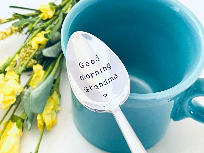 Custom Hand Stamped Spoon Vintage Engraved Spoons Good Morning Grandma Grandpa Grandparents gift idea image 3