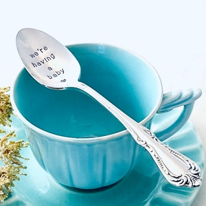 We're Having a Baby Spoon Vintage Silver Plated Teaspoon Hand Stamped Spoons Engraved Spoon Pregnancy reveal Ideas We're Expecting image 1