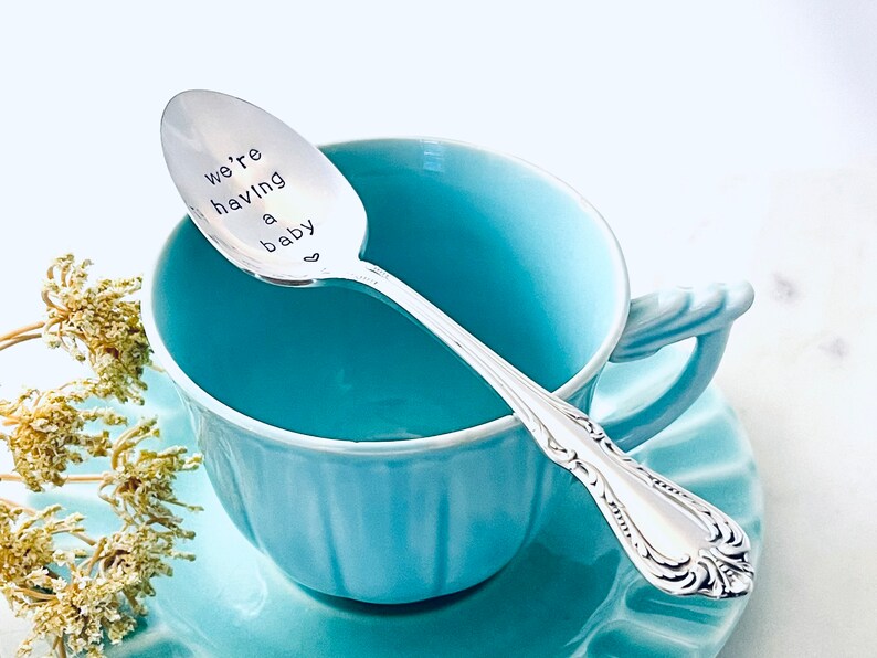 We're Having a Baby Spoon Vintage Silver Plated Teaspoon Hand Stamped Spoons Engraved Spoon Pregnancy reveal Ideas We're Expecting image 1