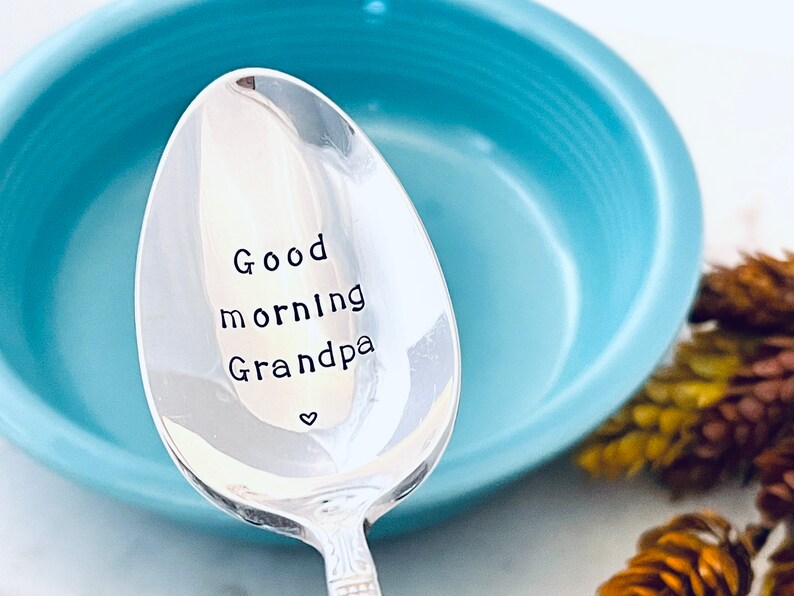 Custom Hand Stamped Spoon Vintage Engraved Spoons Good Morning Grandma Grandpa Grandparents gift idea image 4