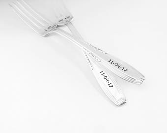 Vintage hand stamped wedding forks - engraved silver plate I do / me too fork set - custom wedding date - personalized cake forks