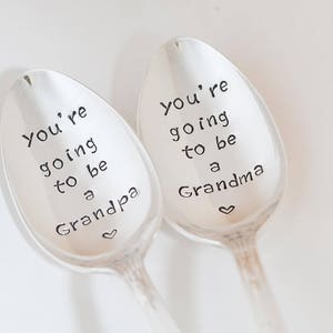 Pregnancy reveal spoon You're going to be a Grandma / Grandpa spoon Vintage hand stamped spoon set Grandparent Reveal image 1