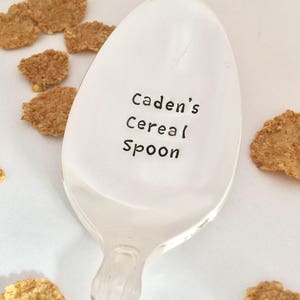 Custom name cereal spoon, vintage silver plate spoons, hand stamped personalized spoon, engraved cereal spoon gift, cereal lover spoon