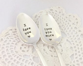 Custom hand stamped spoons - Vintage silver plate spoons - I love you I love you more spoons - Engraved spoons - Coffee spoons - Ice cream