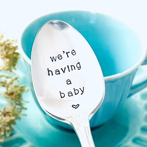 We're Having a Baby Spoon Vintage Silver Plated Teaspoon Hand Stamped Spoons Engraved Spoon Pregnancy reveal Ideas We're Expecting image 2