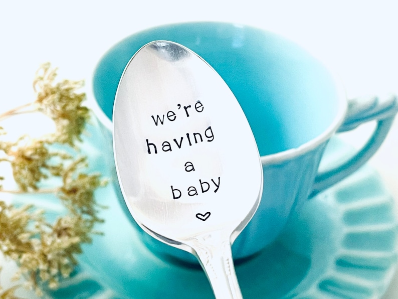 We're Having a Baby Spoon Vintage Silver Plated Teaspoon Hand Stamped Spoons Engraved Spoon Pregnancy reveal Ideas We're Expecting image 2