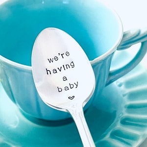 We're Having a Baby Spoon Vintage Silver Plated Teaspoon Hand Stamped Spoons Engraved Spoon Pregnancy reveal Ideas We're Expecting image 4