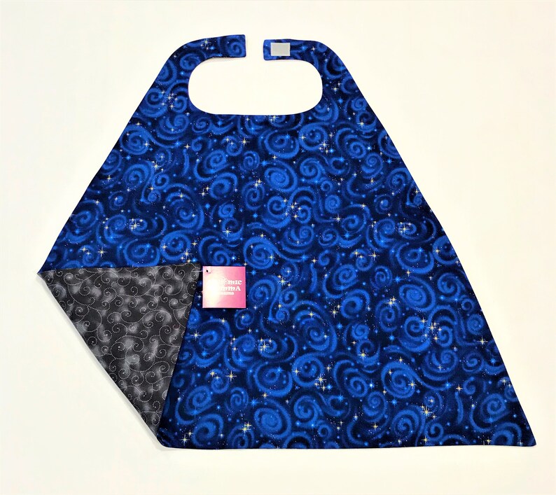 Free Shipping in the USA Tot Size Black with Grey Swirls and Smudges with Blue Swirls and Gold Stars Superhero Cape