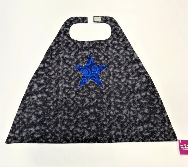 Free Shipping in the USA Tot Size Black with Grey Swirls and Smudges with Blue Swirls and Gold Stars Superhero Cape