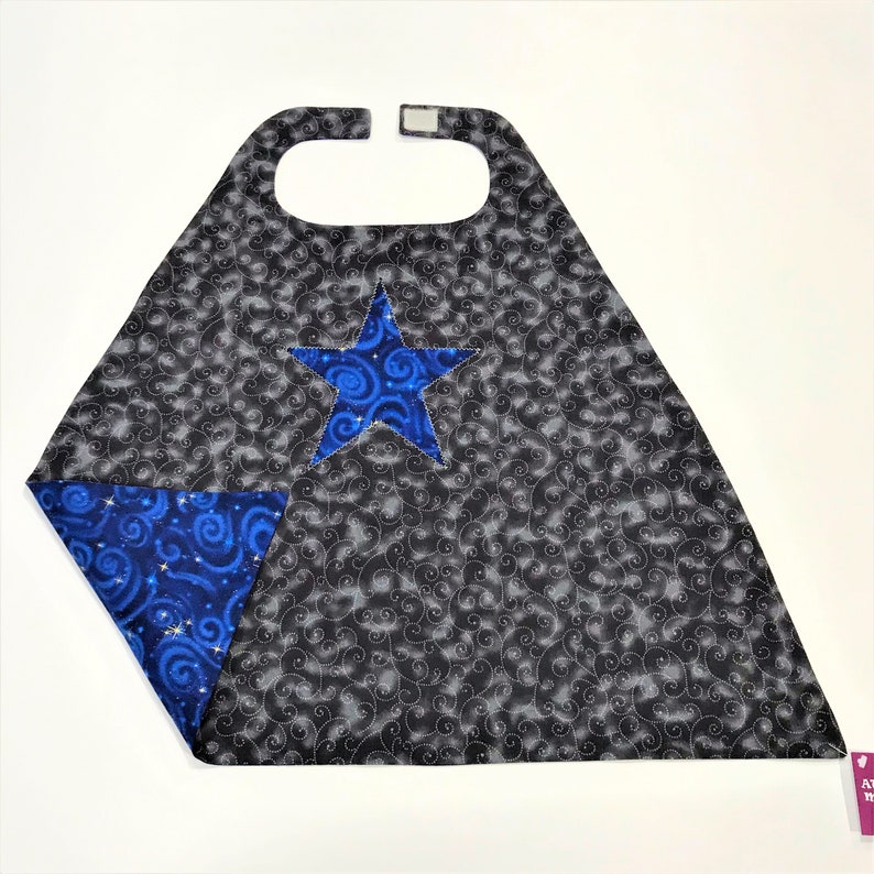 Free Shipping in the USA Tot Size Black with Grey Swirls and Smudges with Blue Swirls and Gold Stars Superhero Cape