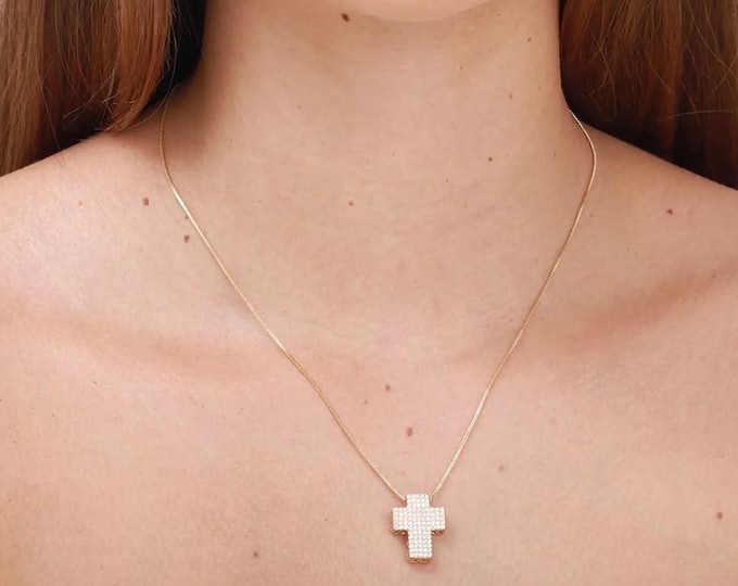 Gold Filled Cross Necklace 18 Inch, Cubic Zirconia Cross Pendant, Christian Necklace for Women, Dainty Religious Jewelry, Gift for Her