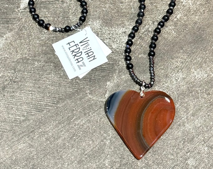Hematite and Onyx Beaded Necklace With Agate Pendant