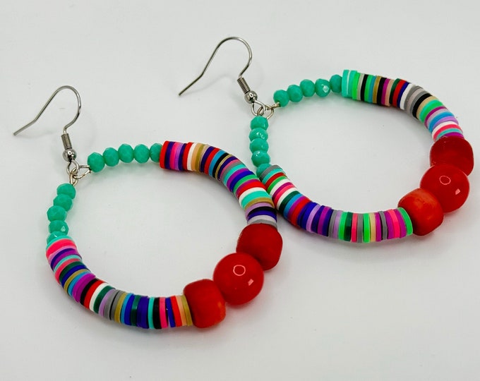 Stainless Steel Dangle Hoop Beaded Earrings