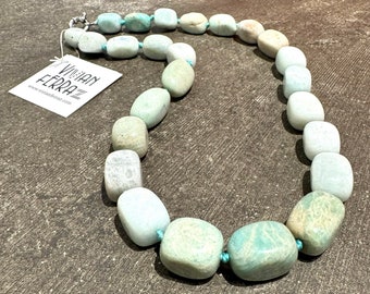 Amazonite Knotted Beaded Necklace with Stainless Steel Clasp
