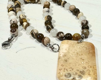 Genuine Gemstone Beaded Necklace with Brown Rectangle Gemstone Pendant