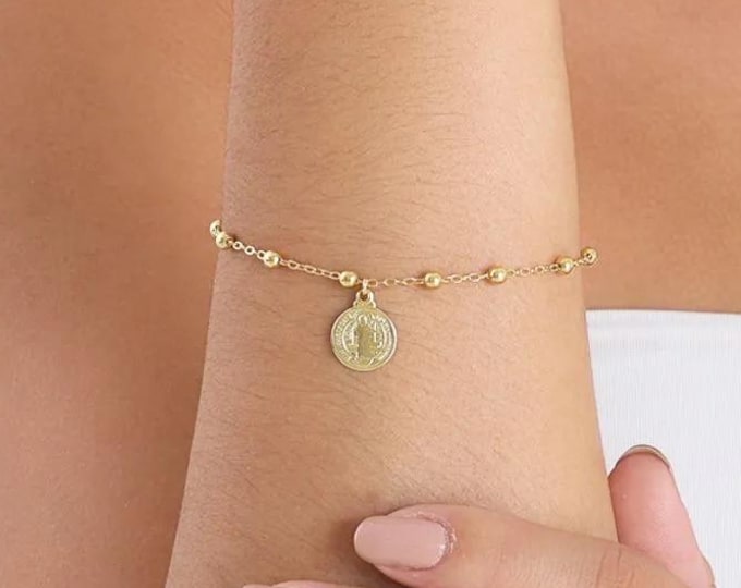 Saint Benedict Gold Filled Bracelet, Catholic Bracelet for Women, 6.5 Inch Beaded Chain Bracelet, Religious Gift, Adjustable Bracelet