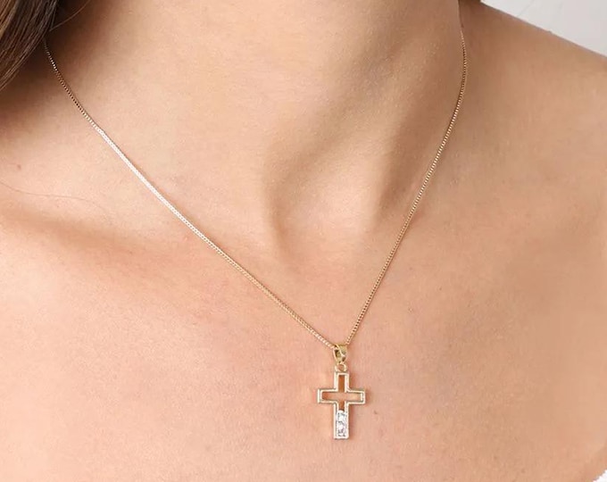 Gold Filled Cross Necklace 18 Inch, Cubic Zirconia Cross Pendant, Christian Necklace for Women, Dainty Religious Jewelry, Gift for Her