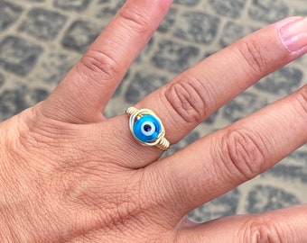 Blue Evil Eye Wired Wrapped Ring