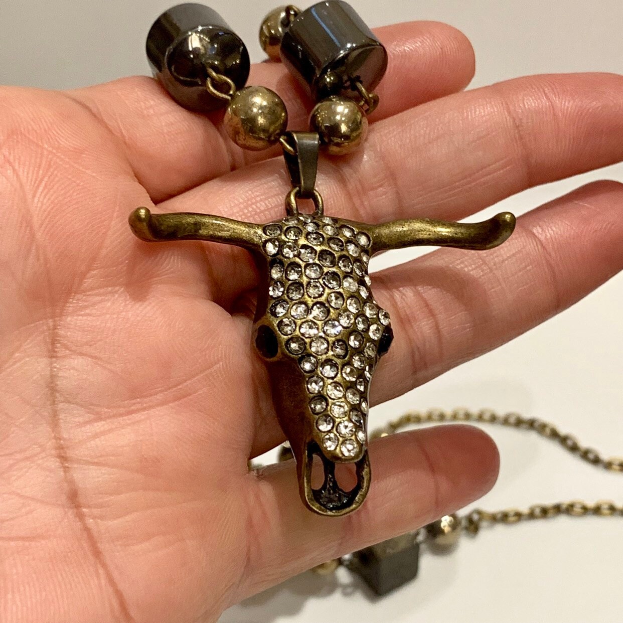 Long horn pendant, country style necklace, long necklace, brass